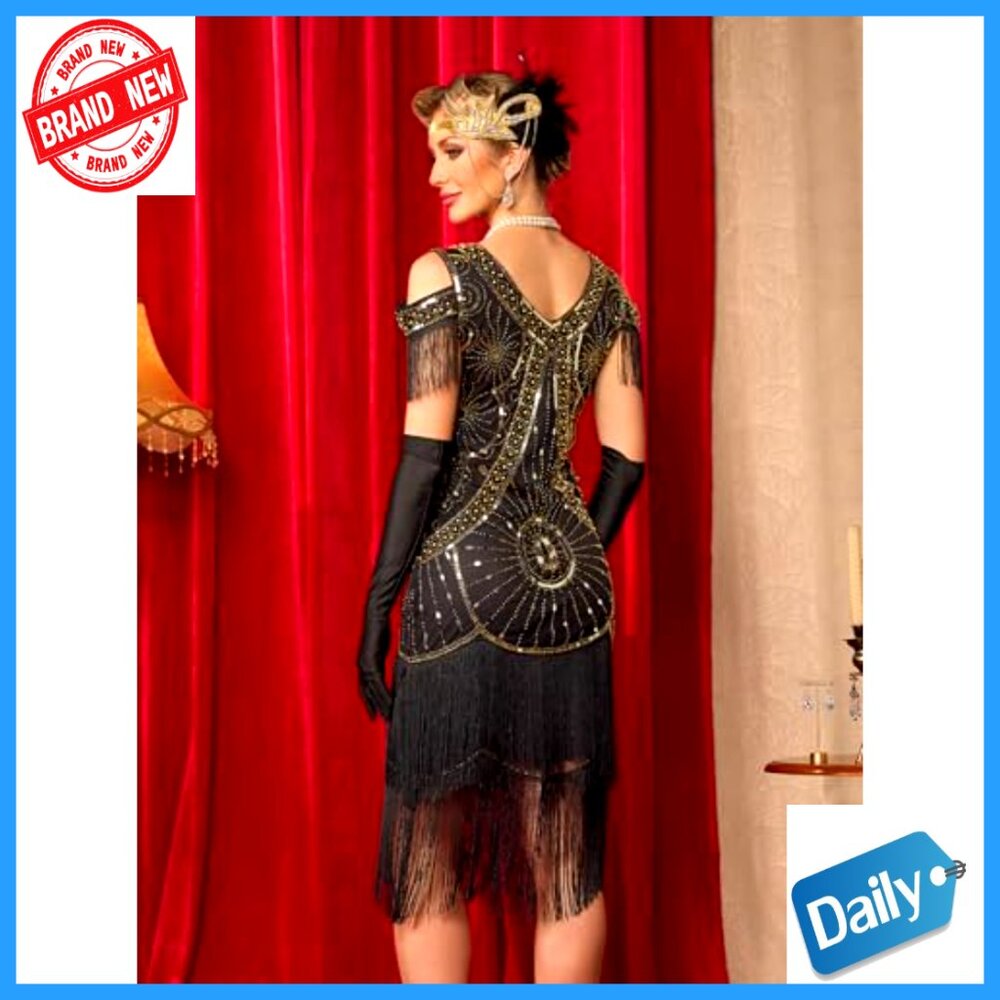 1920s Flapper Dress with Accessories Set, Mesh Fabric, Sequin Fringe - Picture 3 of 6